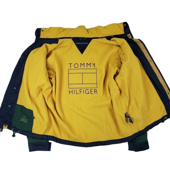 Vtg Tommy Hilfiger Men's Large Fleece Lined Hooded Green Blue Yellow Rain Jacket - Picture 4 of 15